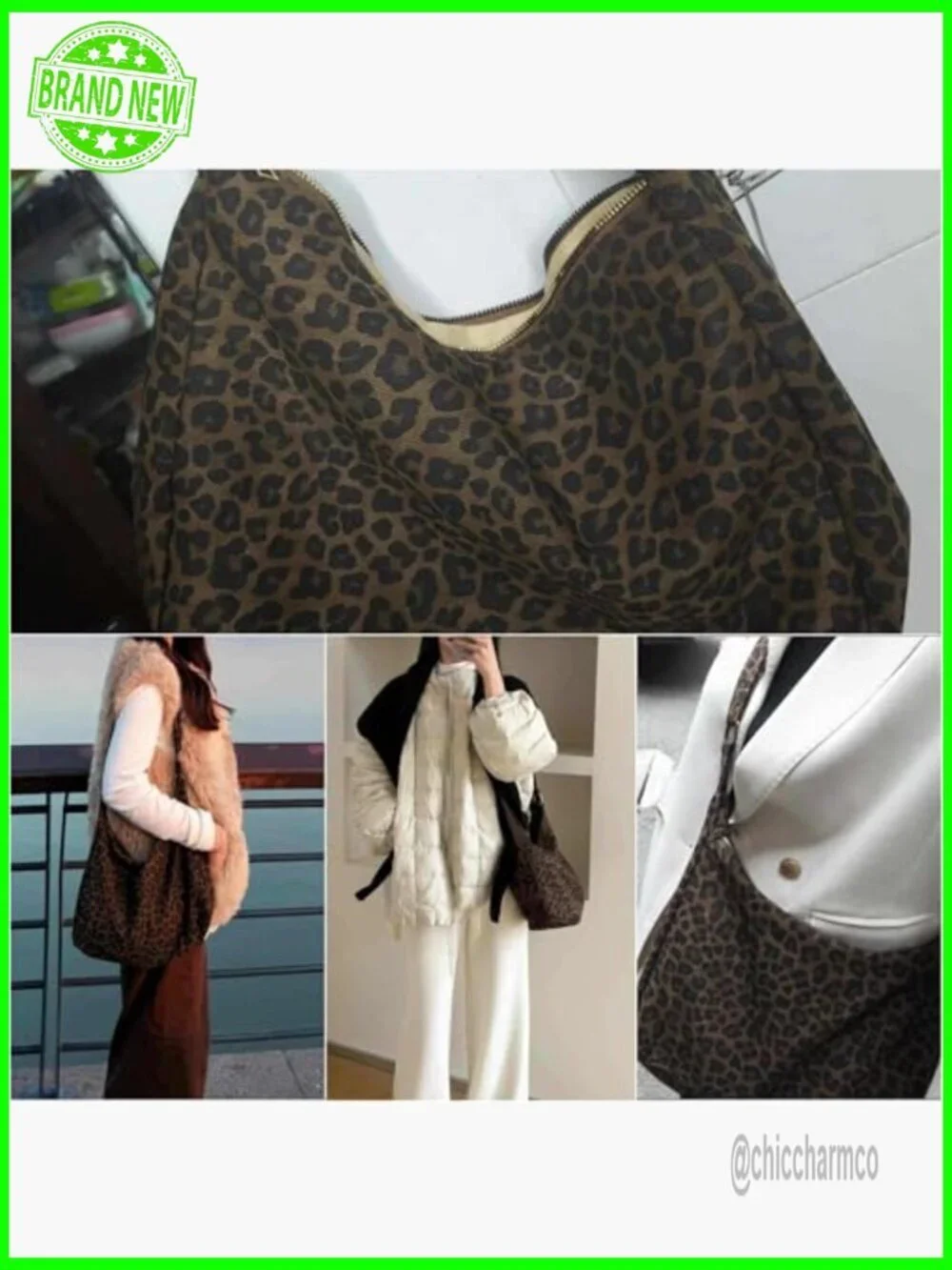 Leopard Print Canvas Hobo Shoulder Bag Adjustable Strap Zipper Closure